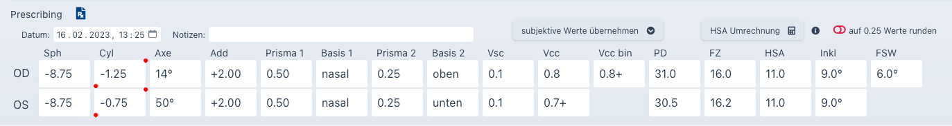 Prescribing Refraktionswerte Screenshot